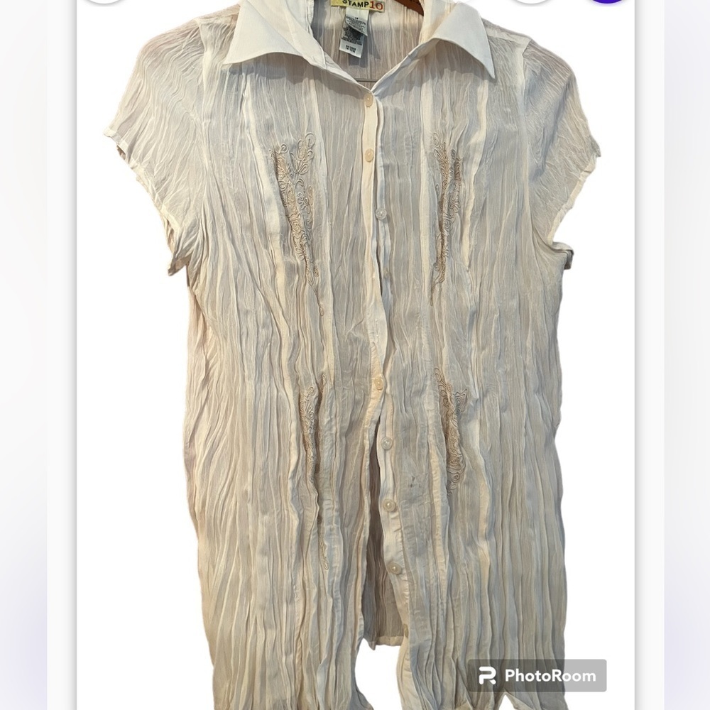 Stamp 10 Women's Crinkled Polyester Sheer Button Blouse Top Lace Accents ~ Sz 12